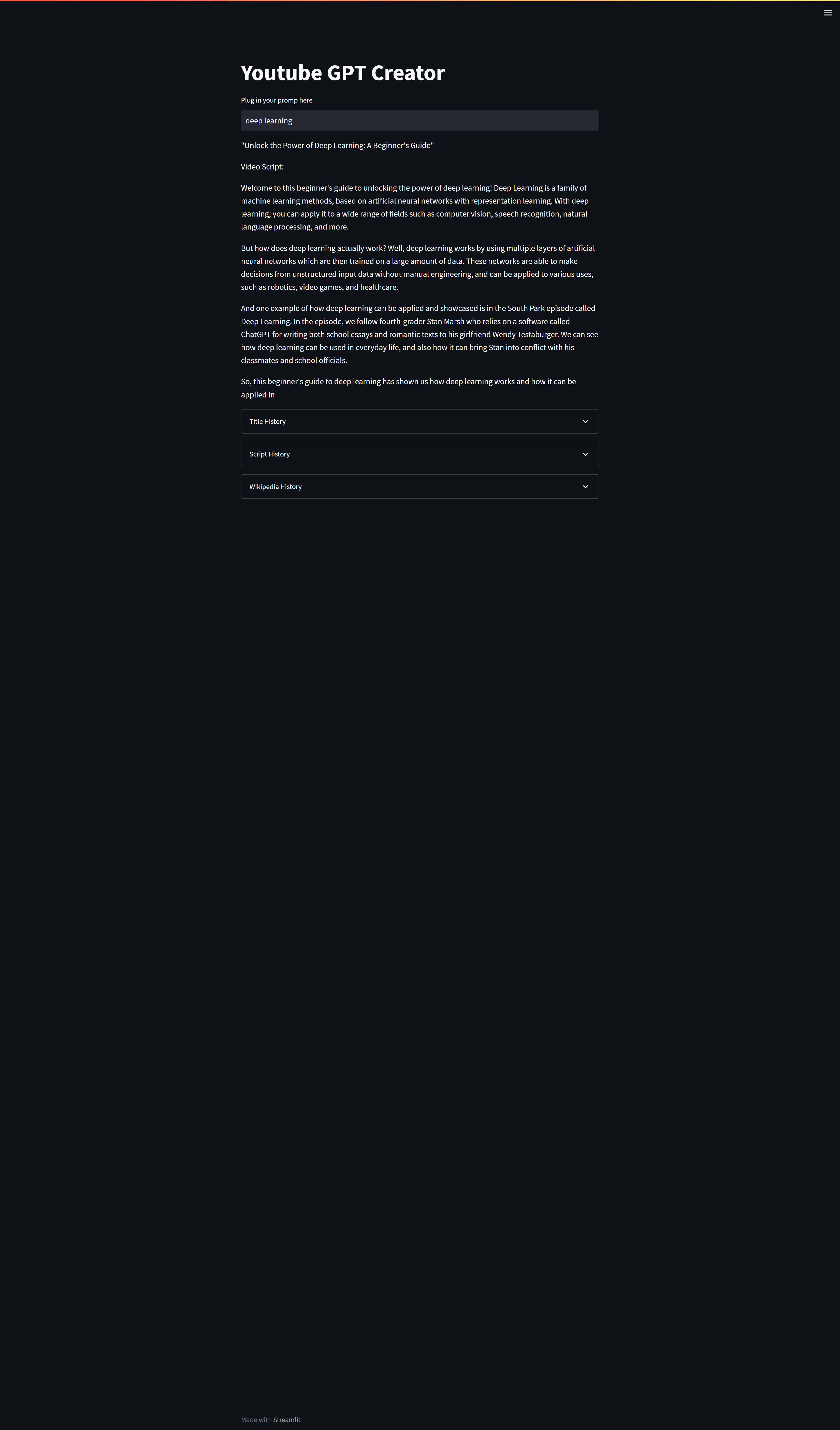 Screenshot of YouTube GPT Creator