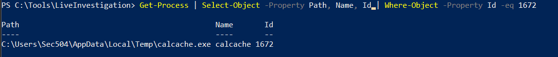 Confirm PID 1672 maps to calcache.exe