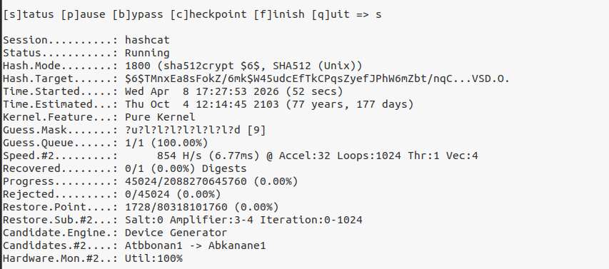 Hashcat status: brute-force infeasible