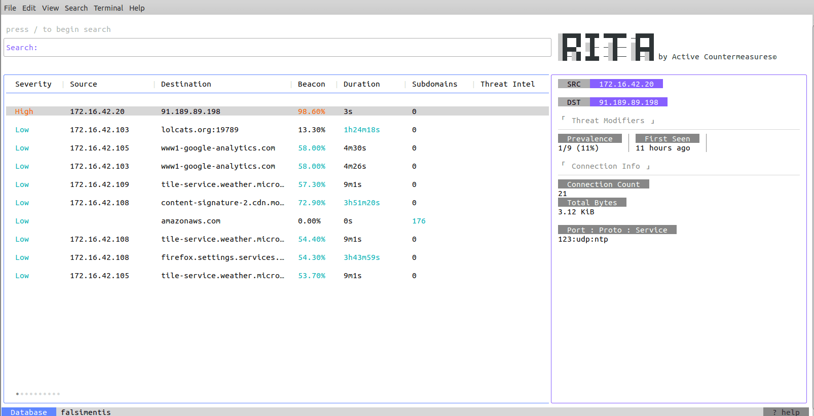 Open the RITA UI and read the beacon column