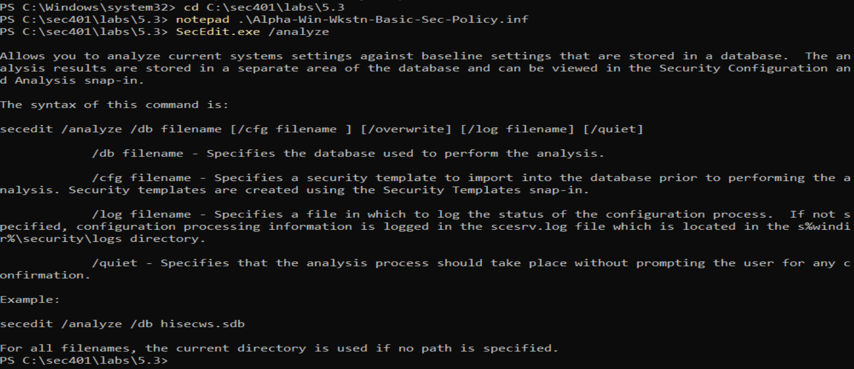 Review secedit.exe /analyze syntax